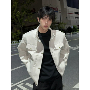 白色短款pu皮衣外套男款秋冬季痞帅高级感美式机车夹克立领骑行服