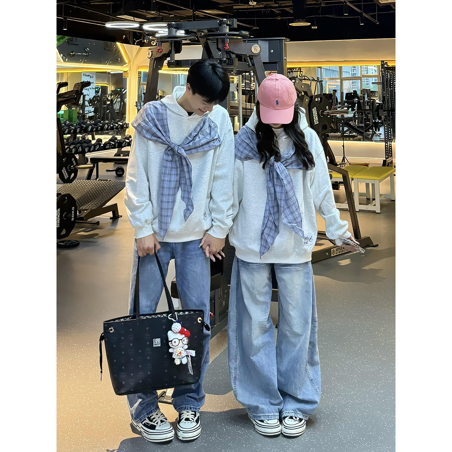 格子绑带披肩卫衣男女秋冬季加绒