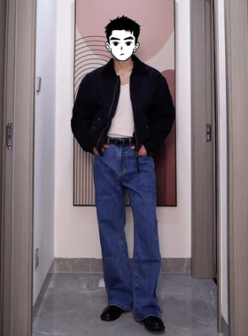 丹宁风深蓝色直筒牛仔裤男款冬季宽松bf慵懒风裤子美式阔腿弯刀裤