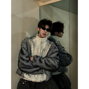 小众设计座山雕外套 慵懒高级感针织衫 皮草拼接男士 高领毛线衣冬季