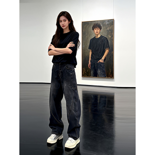 美式斜切微喇牛仔裤男女款秋冬季水洗做旧阔腿裤子直筒修身弯刀裤
