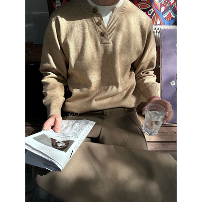 老钱风假两件亨利领毛衣男秋冬