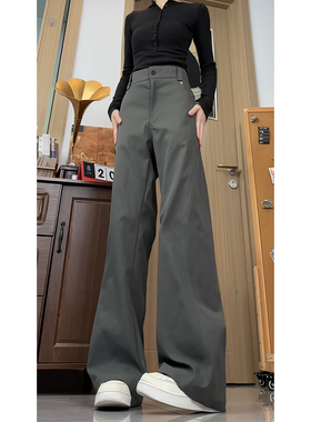 军绿色斜切弯刀裤子男秋季弹力高级感百搭微喇裤高腰直筒休闲长裤