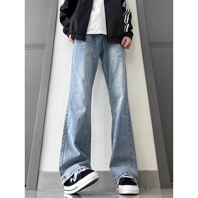 浅蓝色加绒微喇牛仔裤男款美式