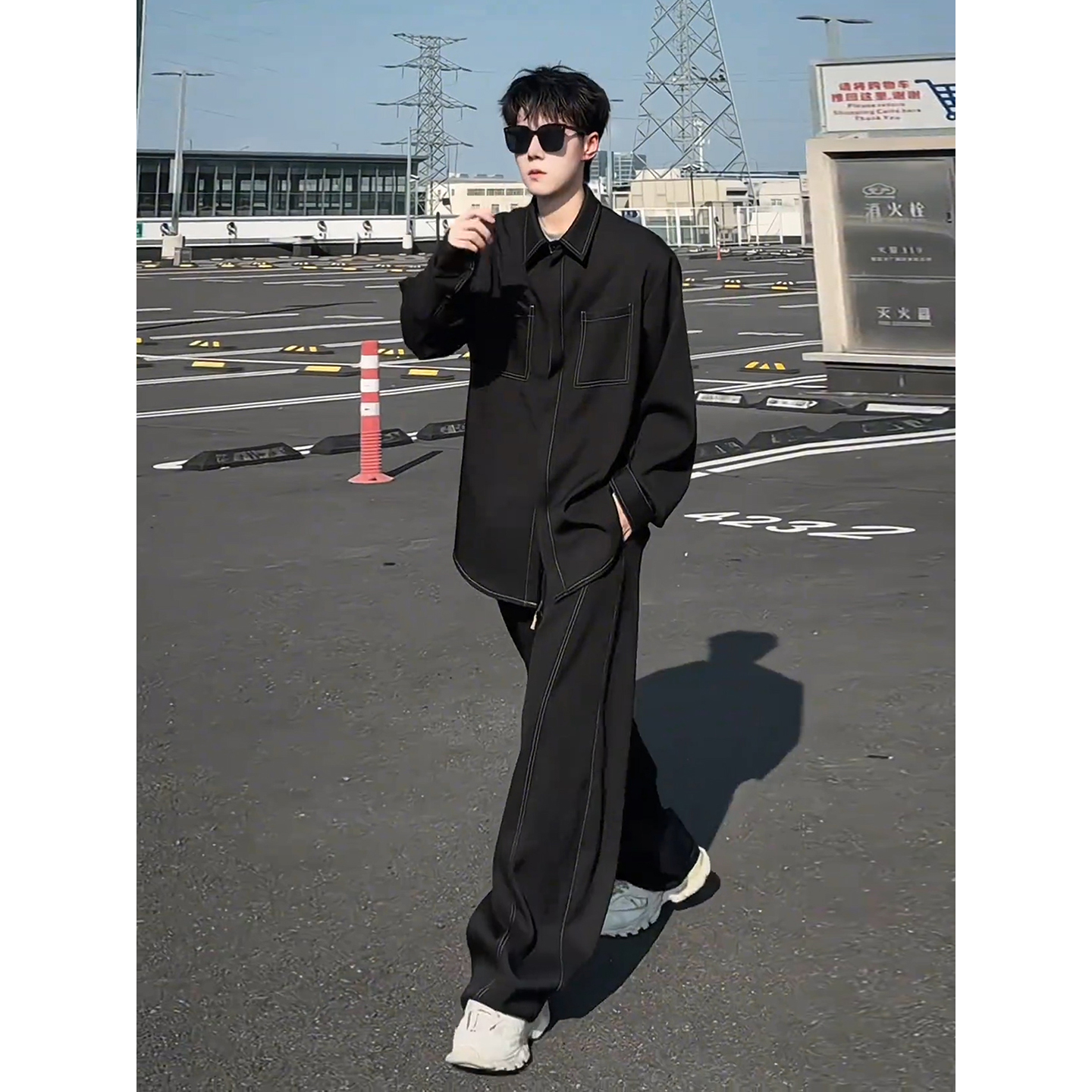 黑色多口袋工装衬衫垂坠弯刀西裤
