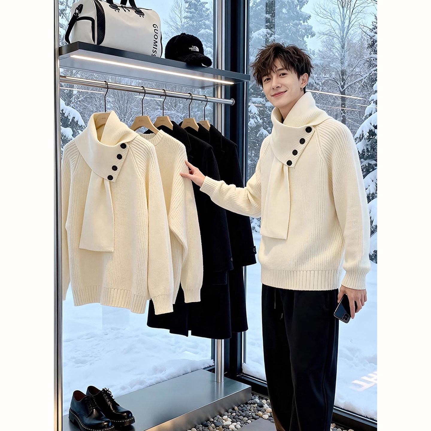 美式半高领毛衣男秋冬季高级感加厚围脖围巾一体新中式针织衫外套,男装,针织衫/毛衣,淘宝优惠券,粉丝福利购,淘宝优惠卷
