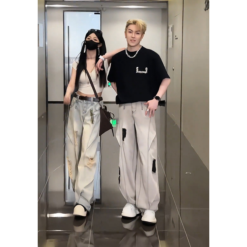 龙叨叨磨毛破洞牛仔裤男夏薄款