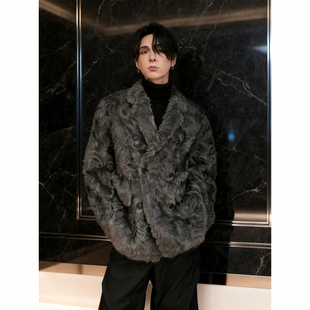 轻奢高级感小湖羊外套皮毛一体皮草男冬季老钱风潮牌痞帅翻领棉服