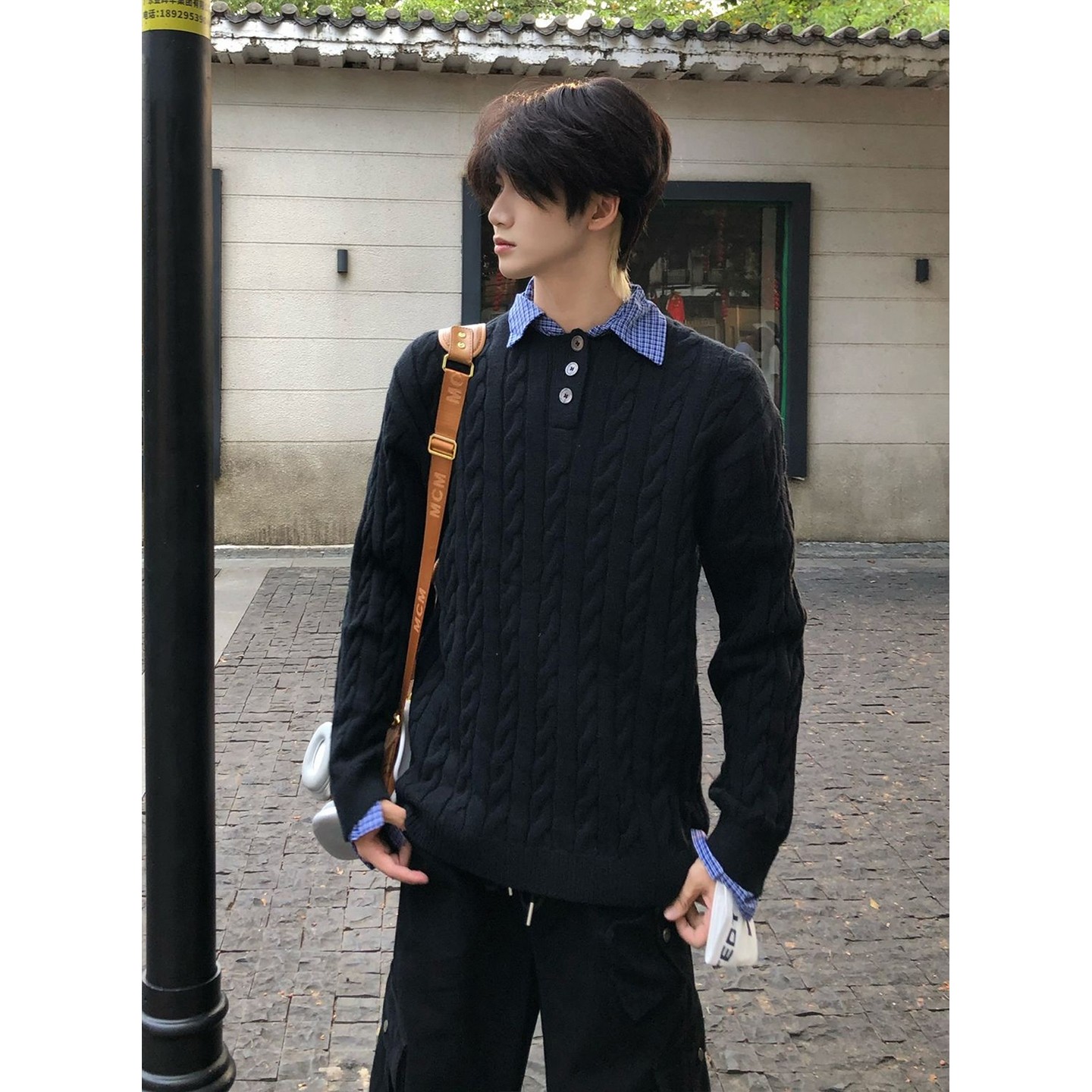 ykee美式假两件毛衣男生秋冬