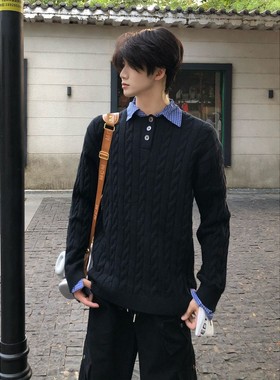 ykee美式假两件毛衣男生秋冬老钱风正肩针织衫慵懒松弛感打底上衣