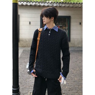 ykee美式假两件毛衣男生秋冬老钱风正肩针织衫慵懒松弛感打底上衣