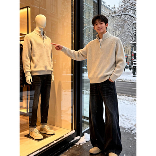 杏色半拉链毛衣男款高级感冬季重磅内搭上衣美式复古立领针织外套