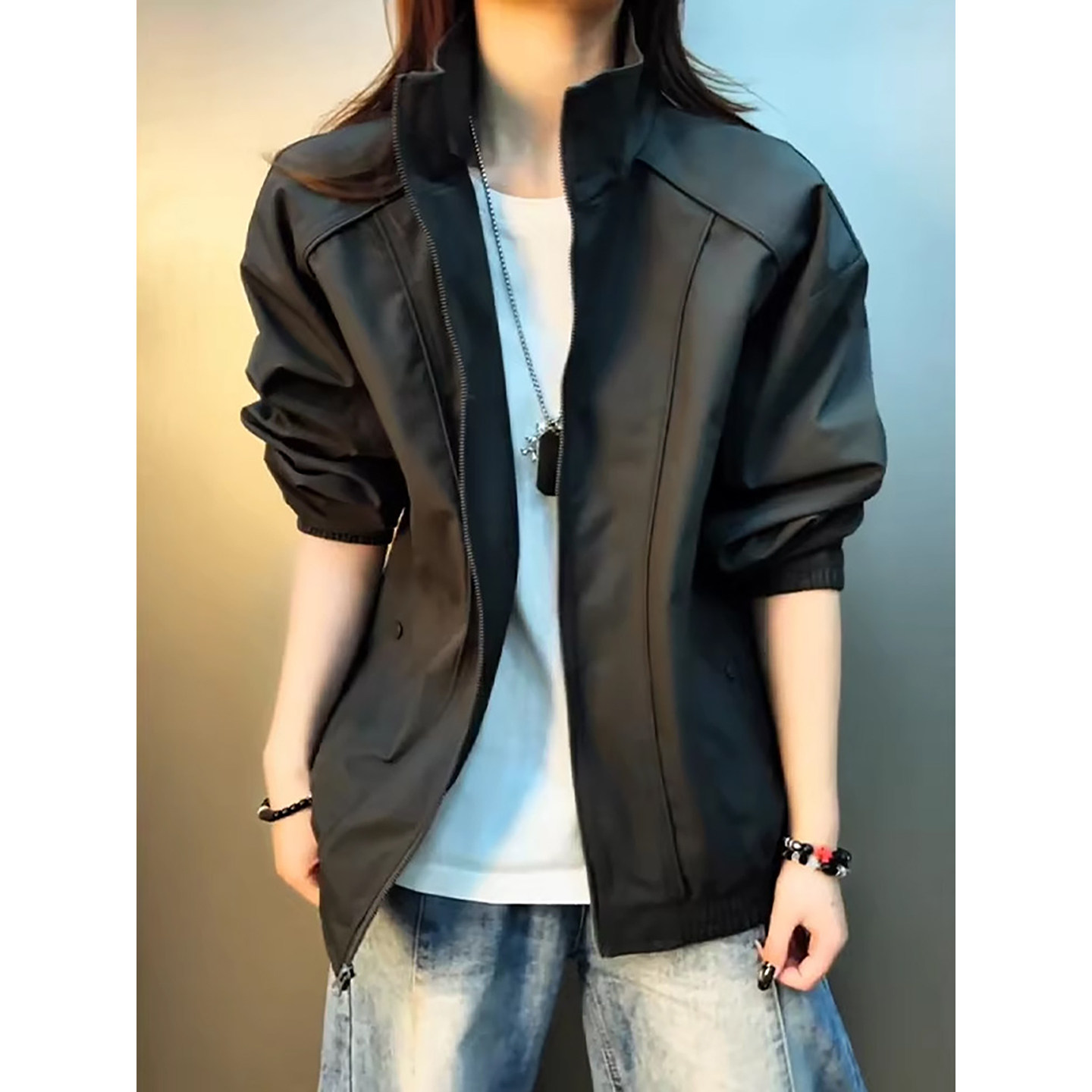 深灰色解构拼接冲锋衣外套男春季美式痞帅短款廓形飞行夹克棒球服