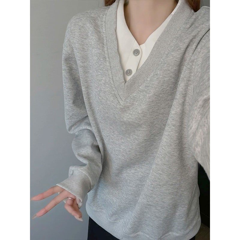 麻灰色假两件v领卫衣男女春季老钱风慵懒长袖t恤高级感内搭打底衫,男装,卫衣,淘宝优惠券,粉丝福利购,淘宝优惠卷