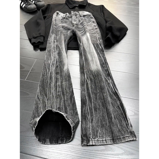 黑色闪电纹微喇牛仔裤男款美式高街vibe裤子修身窄版加绒直筒长裤