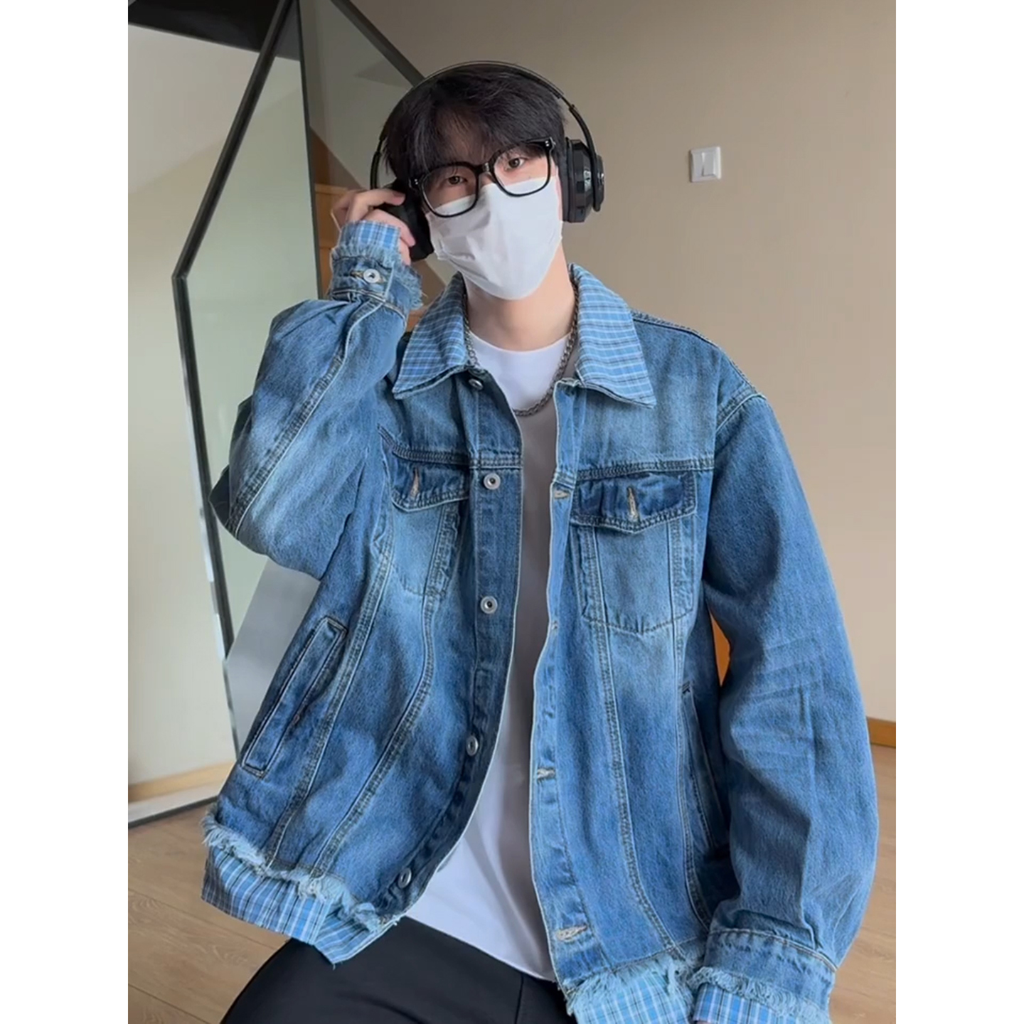 美式假两件格子拼接牛仔外套男模