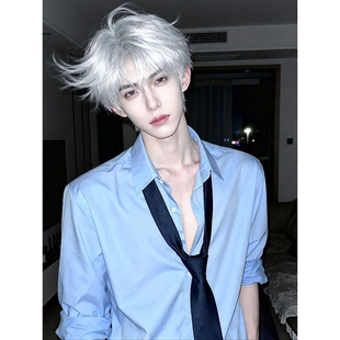 天空蓝色长袖衬衫男春秋季可外穿正肩衬衣高级感男模穿搭开衫外套