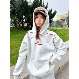 白花灰重磅加绒连帽卫衣男秋冬字母刺绣潮牌休闲上衣情侣百搭外套