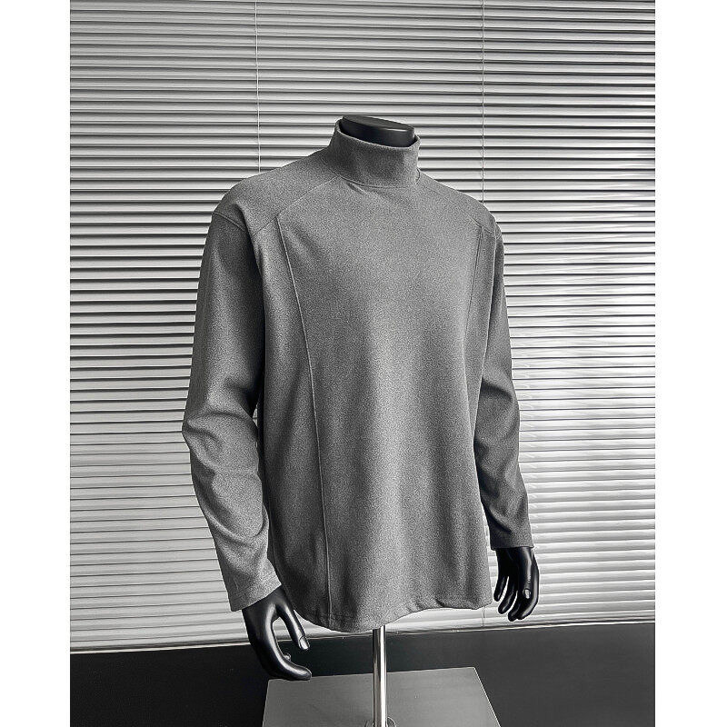 重磅灰色德绒长袖T恤男春秋美式半高领发热保暖内衣高街打底上衣