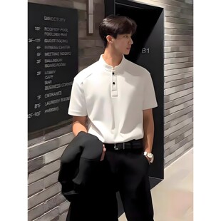 白色亨利领正肩t恤男款夏季美式拼接重磅短袖cleanfit五分半截袖