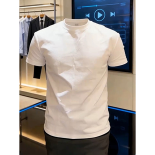 白色高支棉透气男士短袖t恤夏季重磅纯棉半袖极简高级感圆领内搭