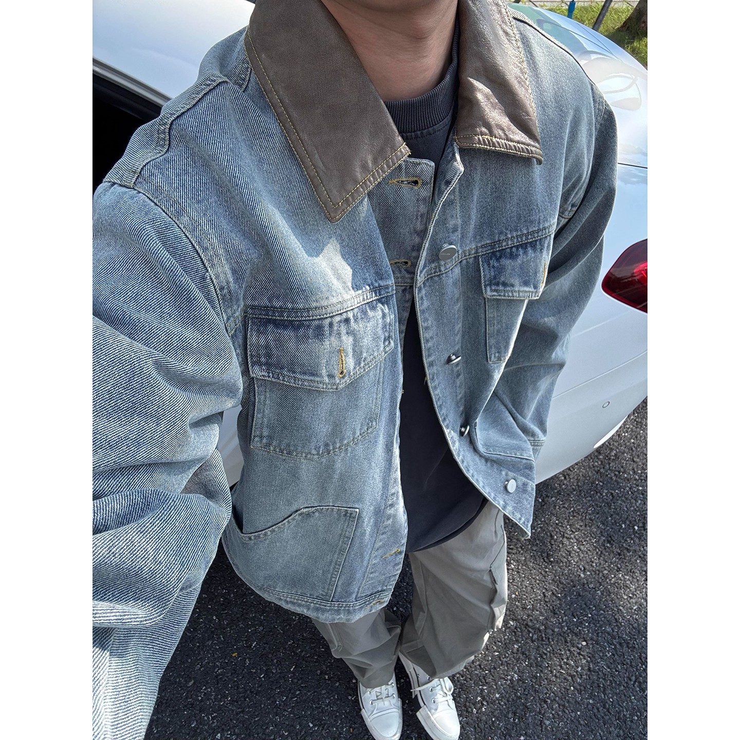 美式复古拼接翻领牛仔夹克男潮牌