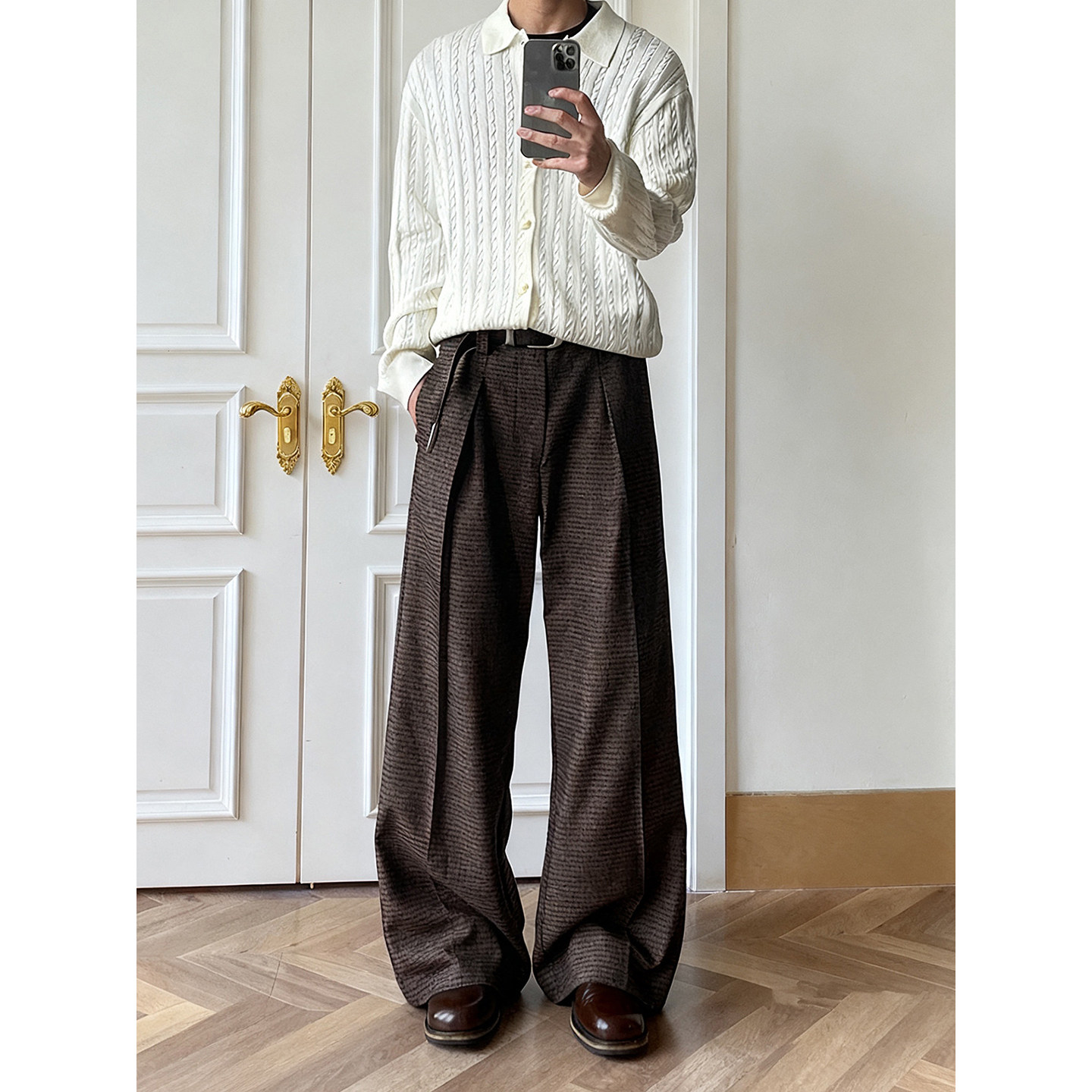 老钱风千鸟格A字打褶西裤男垂感抗皱微喇裤子直筒商务休闲阔腿裤,男装,西裤,淘宝优惠券,粉丝福利购,淘宝优惠卷