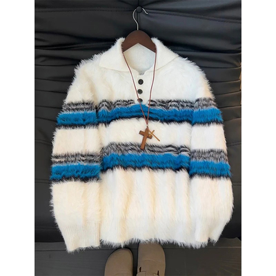 马海毛条纹撞色翻领毛衣韩系慵懒