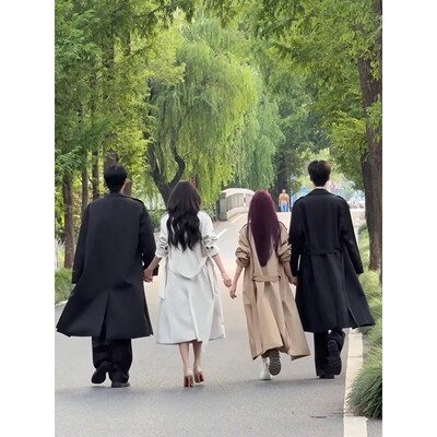 卡其色韩系穿搭风衣男女中长款