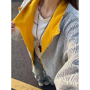 灰黑纹理连帽卫衣男女秋季 夹克 内里亮黄色拼接外套情侣设计感开衫