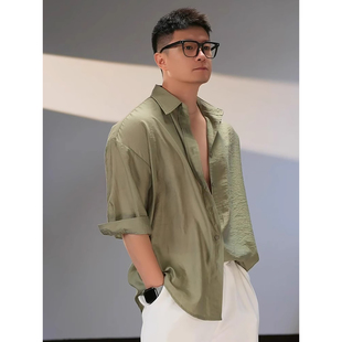 绿色亚麻长袖衬衫男款夏季度假风海边穿搭慵懒风衬衣防晒棉麻外套