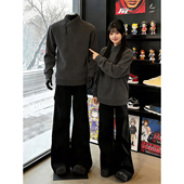 深灰色斜拉链长袖 t恤男秋冬加绒加厚鱼骨纹卫衣无帽正肩内搭上衣