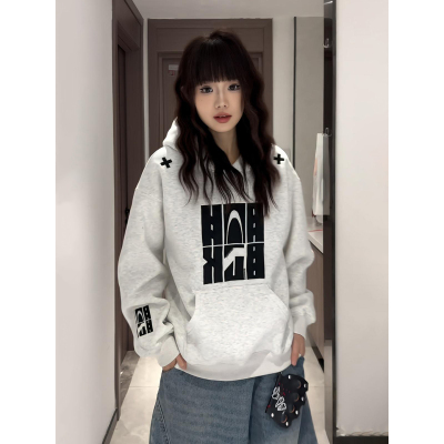 花灰色刺绣连帽卫衣男款秋冬