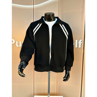 黑色条纹开衫卫衣男款春季设计感拼接立领外套学院风休闲运动夹克