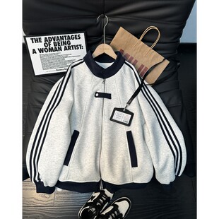 白花灰拼接条纹开衫卫衣男春季美式复古工装外套学院风情侣装外套