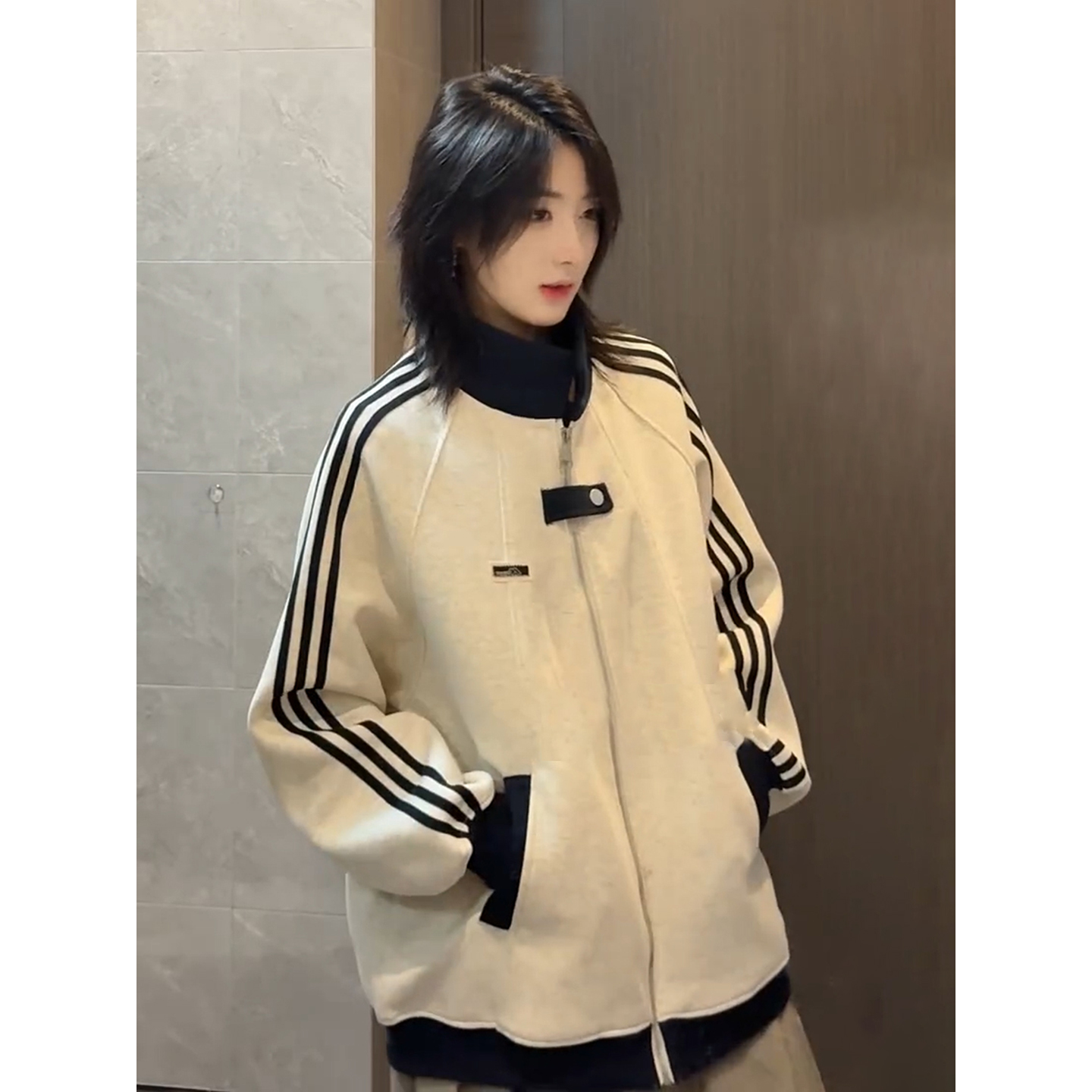 美式学院风三条杠立领夹克男女