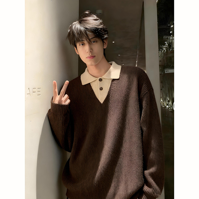 老钱风假两件v领毛衣秋冬男生
