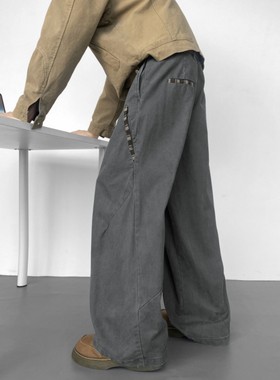 深灰色美式水洗弯刀工装裤男款设计感拼接廓形裤子直筒宽松阔腿裤