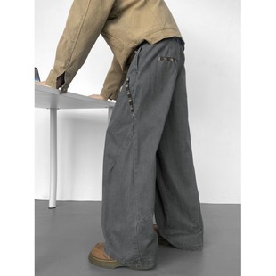 深灰色美式水洗弯刀工装裤男款设计感拼接廓形裤子直筒宽松阔腿裤