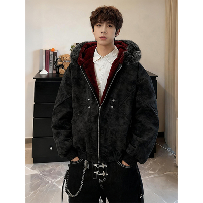 美式扎染座山雕连帽棉服冬季加厚