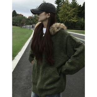 美式慵懒毛领连帽针织开衫男款高级感痞帅毛衣外套座山雕拉链夹克