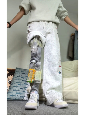 白灰色刺绣扎染卫裤男秋冬加绒加厚弯刀裤子重磅显瘦显腿长休闲裤