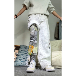 白灰色刺绣扎染卫裤男秋冬加绒加厚弯刀裤子重磅显瘦显腿长休闲裤