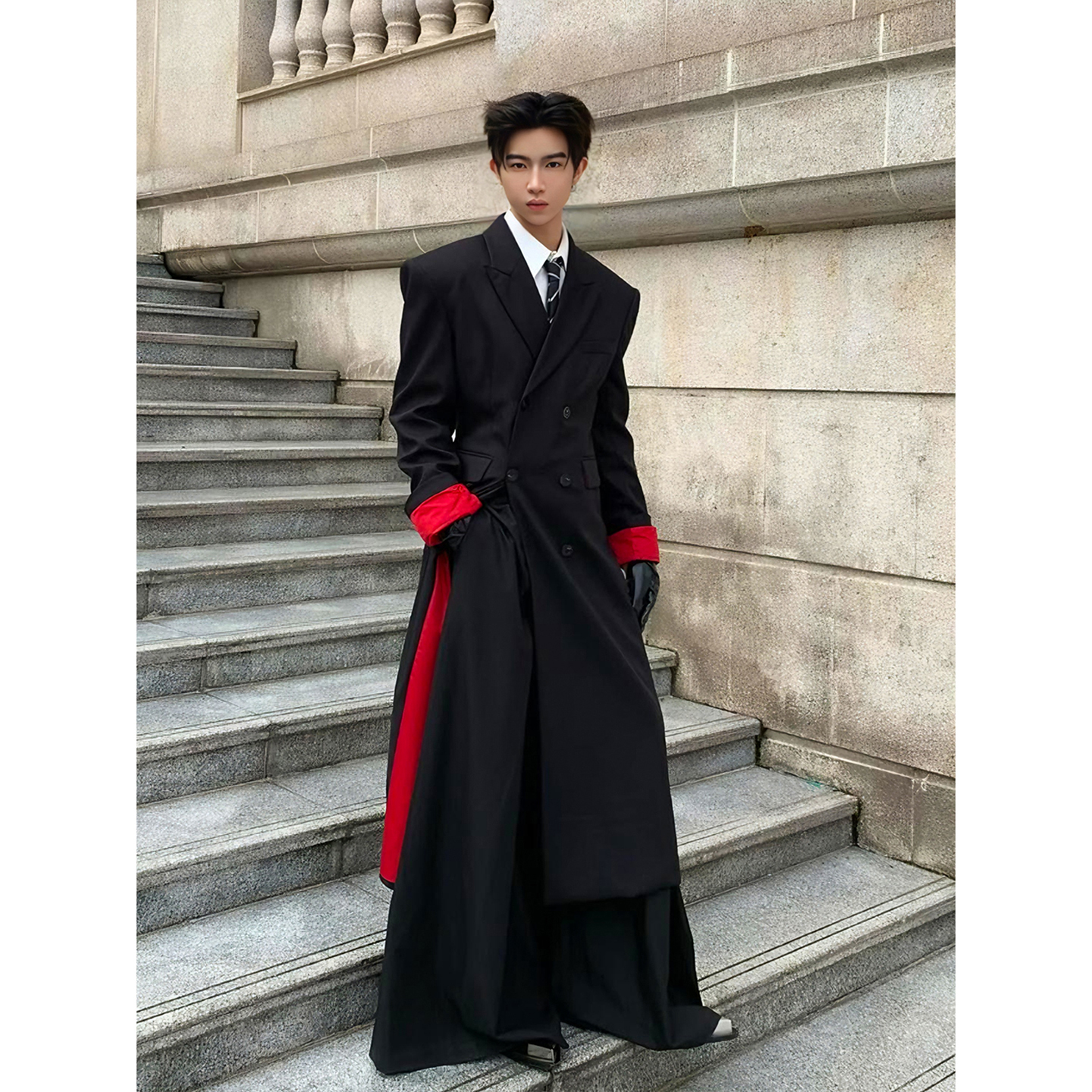 黑色红内垫肩教父毛呢大衣男秋冬