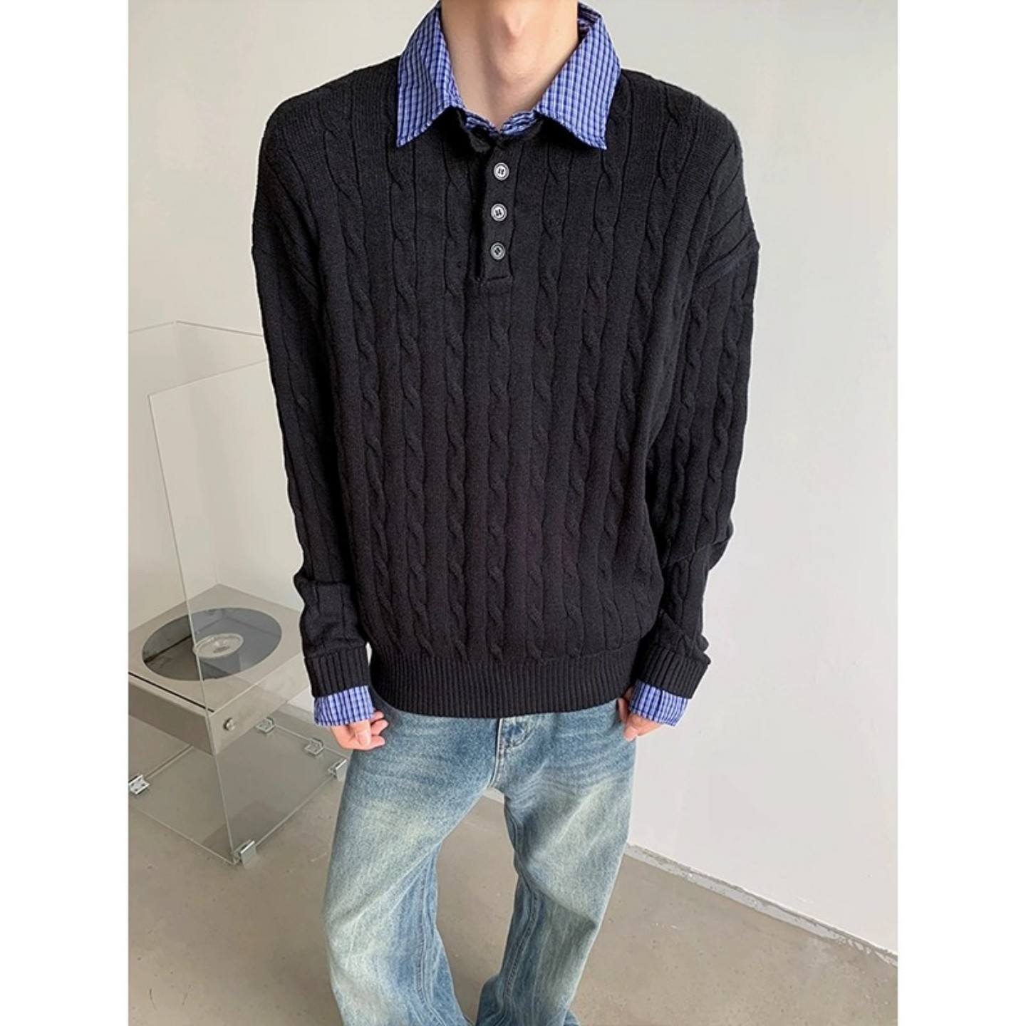 韩系假两件格子衬衫领毛衣男款