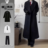 黑色行政毛呢夹克大衣韩系英伦风男装 穿搭一整套长款 过膝呢子外套