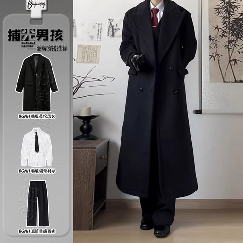 黑色行政毛呢夹克大衣韩系英伦风