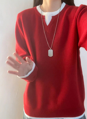 韩版慵懒风撞色假两件毛衣男款秋冬宽松百搭针织衫本命年红色外套