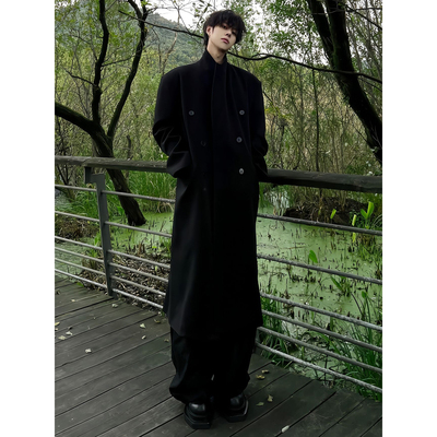黑色垫肩毛呢大衣男冬季韩系穿搭