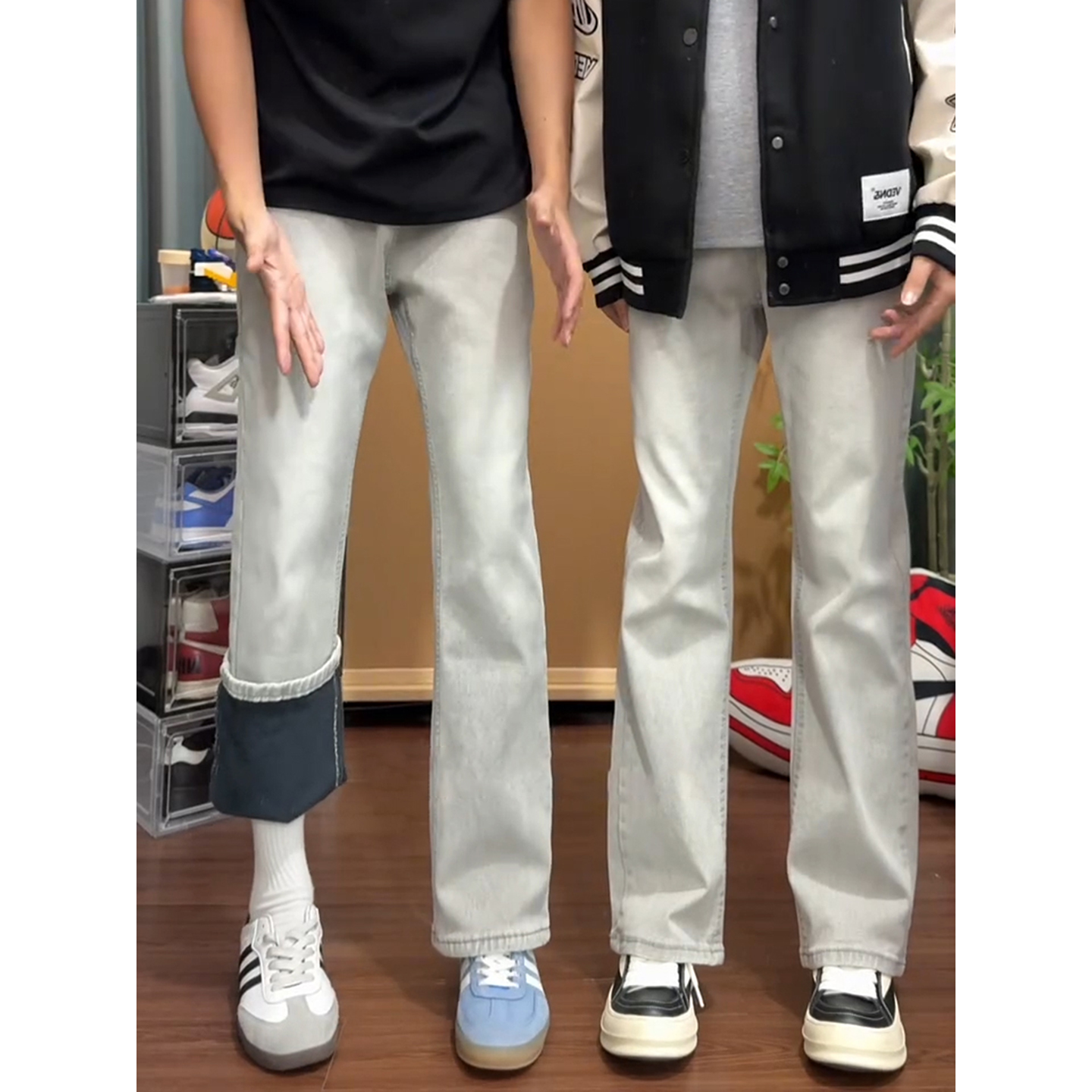 烟灰色加绒牛仔裤男秋冬美式复古